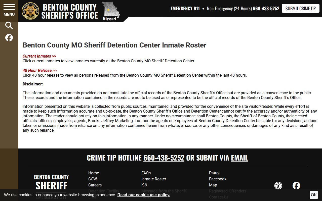 Benton County Sheriff roster gateway with Current Inmates and 48 Hour Release choices