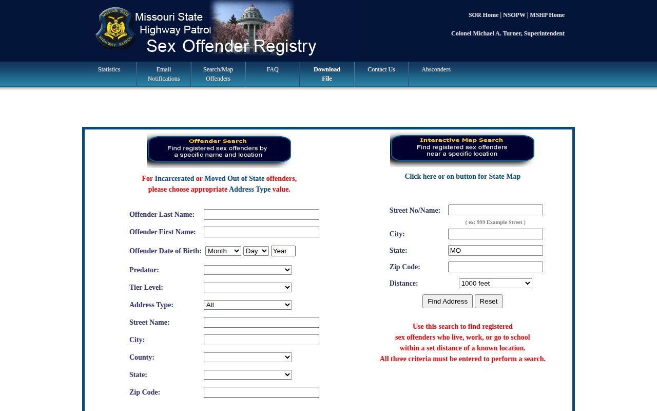 Missouri Sex Offender Registry search with county and address-type fields