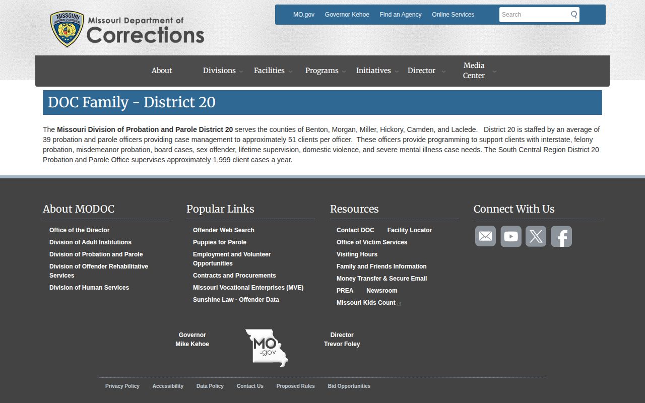 Missouri Department of Corrections District 20 supervision page