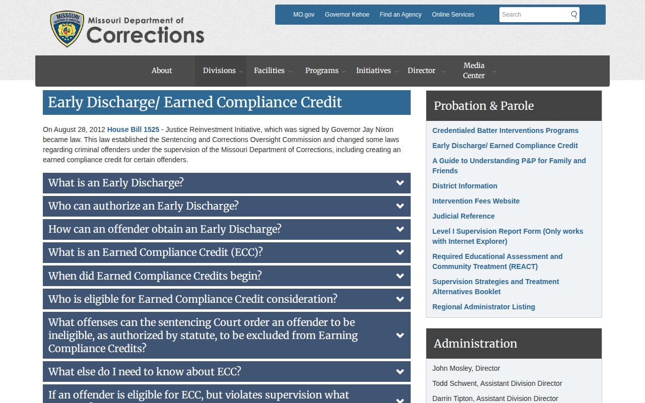 Missouri Department of Corrections early discharge guidance