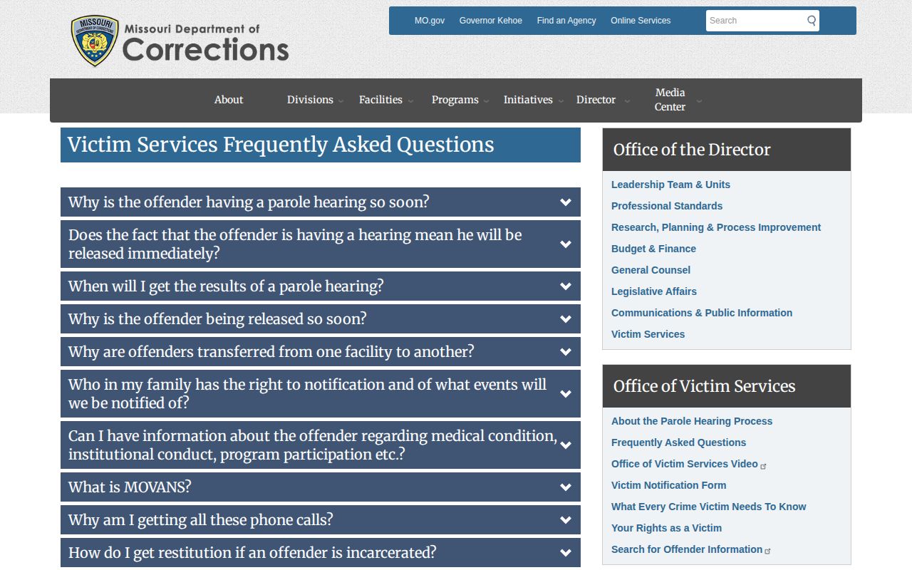 Missouri Department of Corrections Victim Services notification FAQ